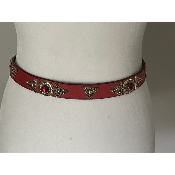 Leatherock Red Leather Belt Embellished Studded Gold Hardware 6051 Sz M Western